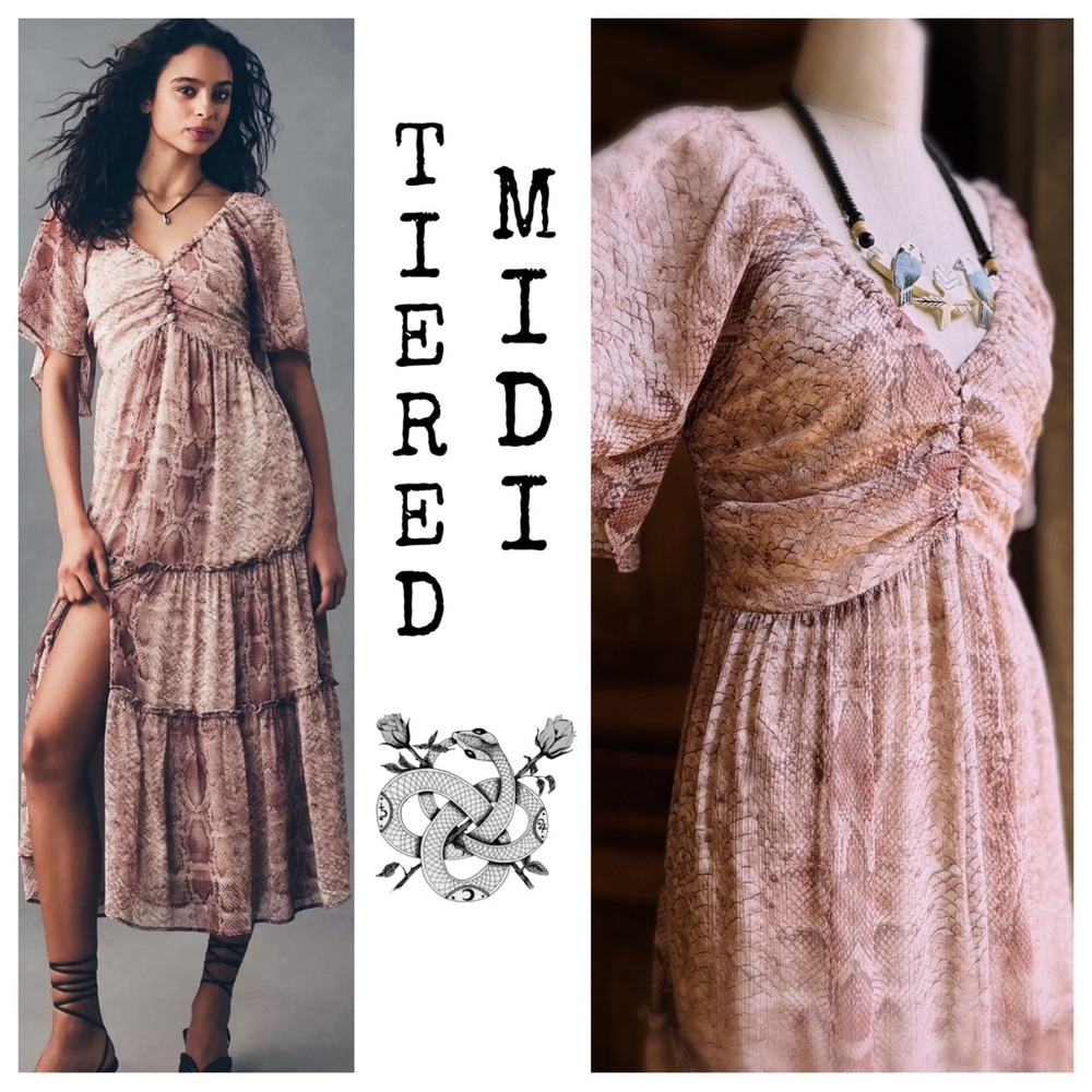 Anthropology Maeve Snake Print Tiered Midi Dress Boho NWT 178.00 Size M - Picture 4 of 10